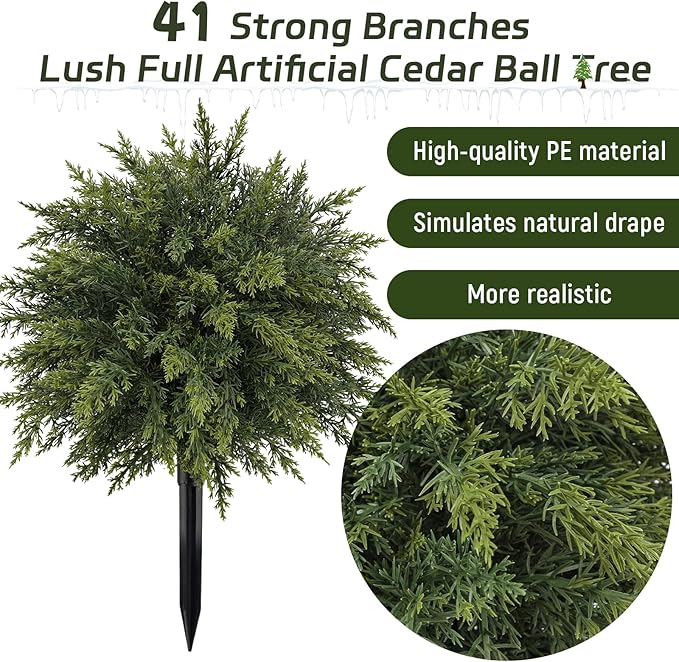2 Pack Artificial Cedar Topiary Trees with Ground Spike 20.86" Faux Pine Shrubs Bushes UV Resistant Faux Evergreen Cedar Ball Tree for Front Door Porch Planters Indoor Outdoor Spring Summer Decor