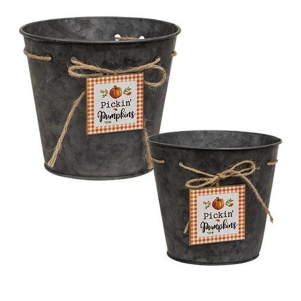 Pickin&#x2019; Pumpkins Galvanized Metal Ornament Buckets &#x2013; Set of 2 Decorative Fall Containers with Jute &#x26; Wood Accents