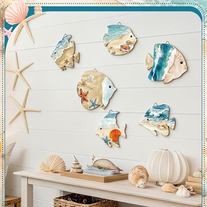 6 Pcs Wooden Fish Wall Decor Fish Wall Art Beach Theme Art Decorations Vintage Coastal Ornaments with Hook for Summer Pool Home Lake House Bathroom Garden Indoor Outdoor