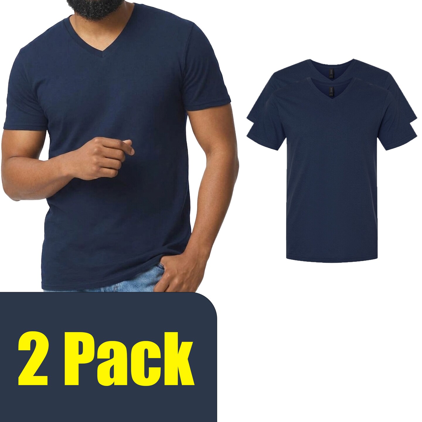Gildan Men's Softstyle V-Neck T-Shirt for Custom Craft Use, Navy Short Sleeve Blank Shirt, 2-14 Pack
