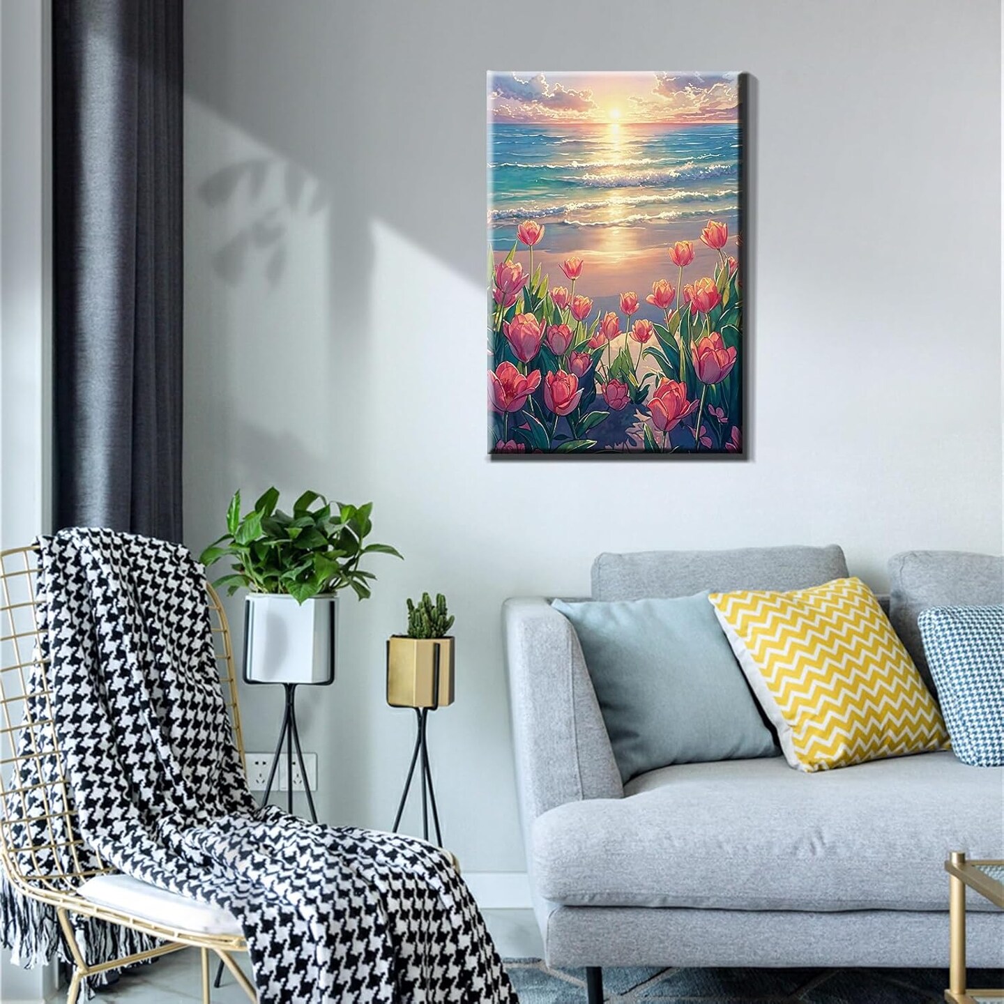 Paint By Number Kits for Adults with Frame & Easel – Floral Tulip Seaside Sunset DIY Acrylic Paint by Numbers Kit on Canvas for Beginners, Home Wall Decor Art Set, 8x12 Inch