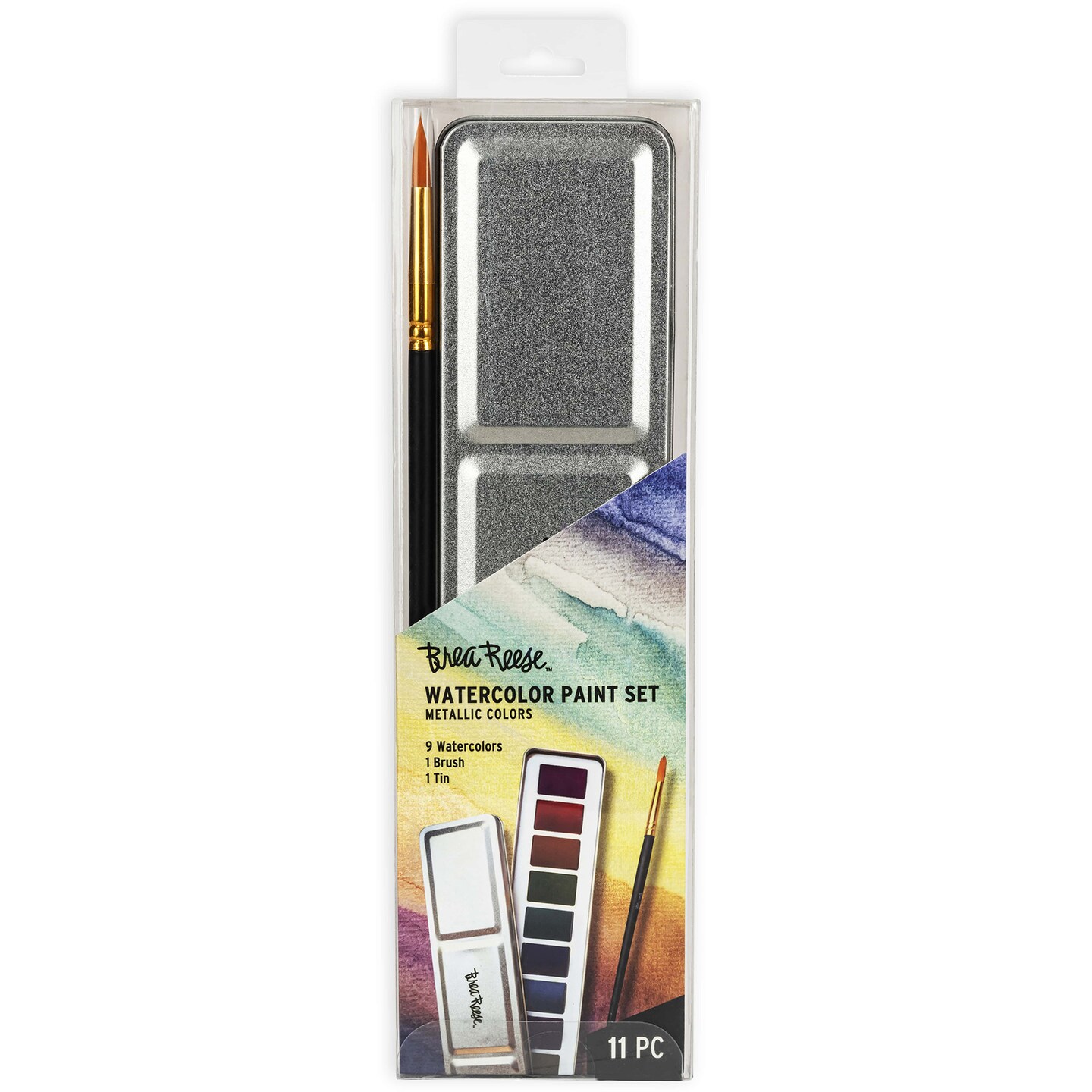 Brea Reese: Watercolor Paint Set - Metallic - 9pc Shimmering Colors, Gold Taklon Painting Brush & Compact Portable Tin, Blend-able, Adult Art Supplies