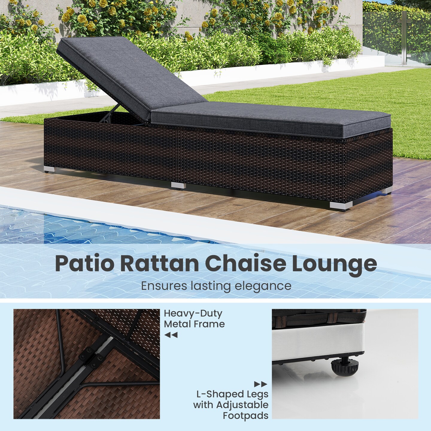 Adjustable Outdoor Lounge Chair Rattan Chaise with Thick Cushion Patio Deck Chair