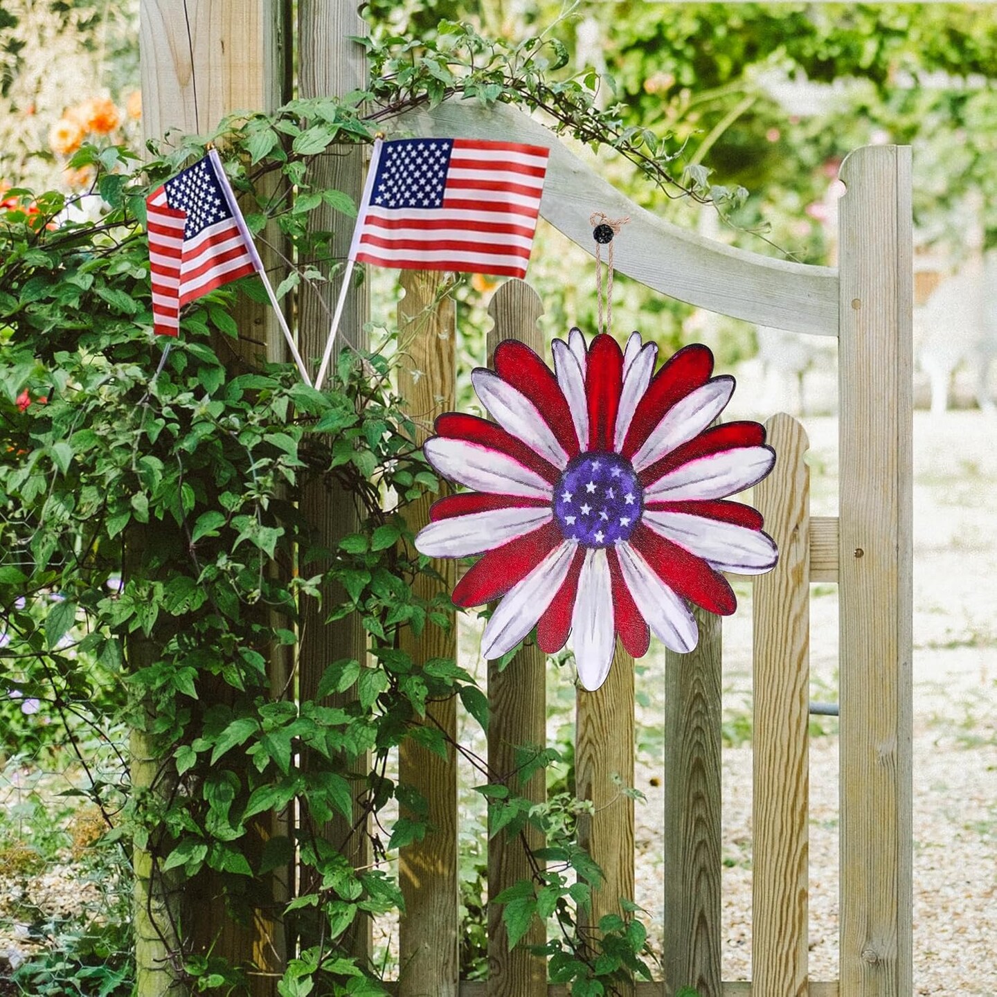 Patriotic 4th of July Front Door Sign – Double-Sided Wooden Independence Day Wreath, Hanging Plaque for Porch, Wall, or Window, Memorial Day & July 4th Decoration