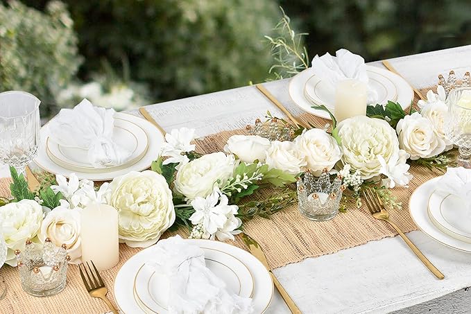 2Pack Artificial Peony Flower Garland - Silk Peony Garland with White Flowers for Wedding Party Table Decoration,6ft/Strand