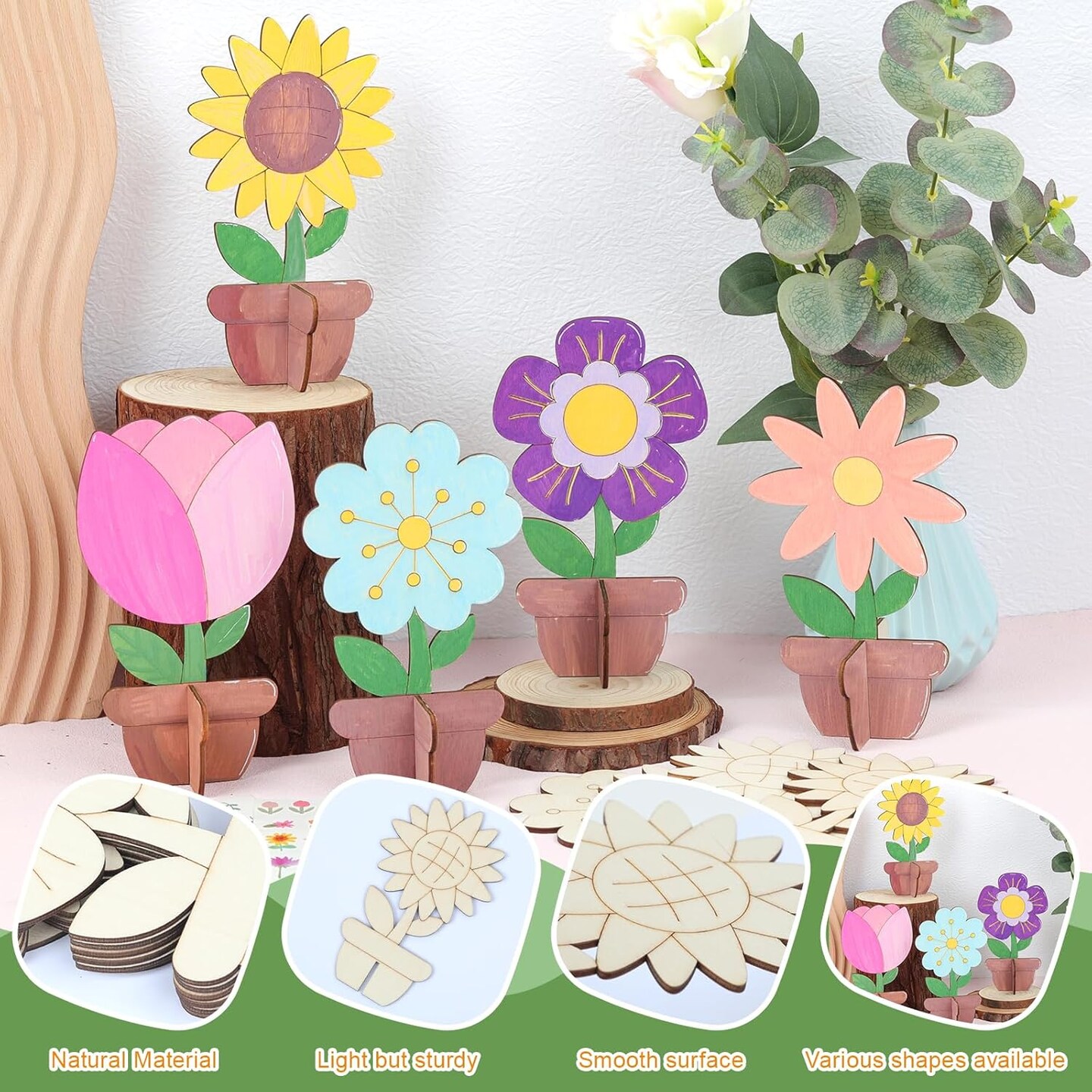 12 Pack Wood Flowers to Paint, Unfinished