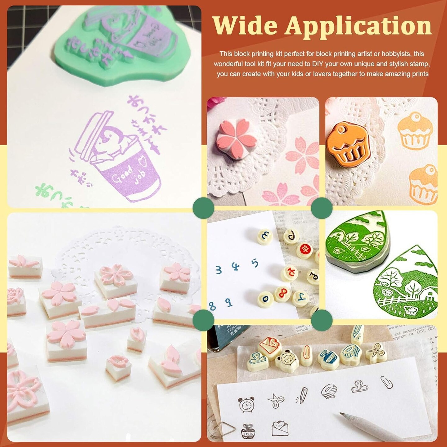 24 Pcs Block Printing Starter Kit Rubber Carving Blocks Set with Linoleum Cutter Tools and Grindstone
