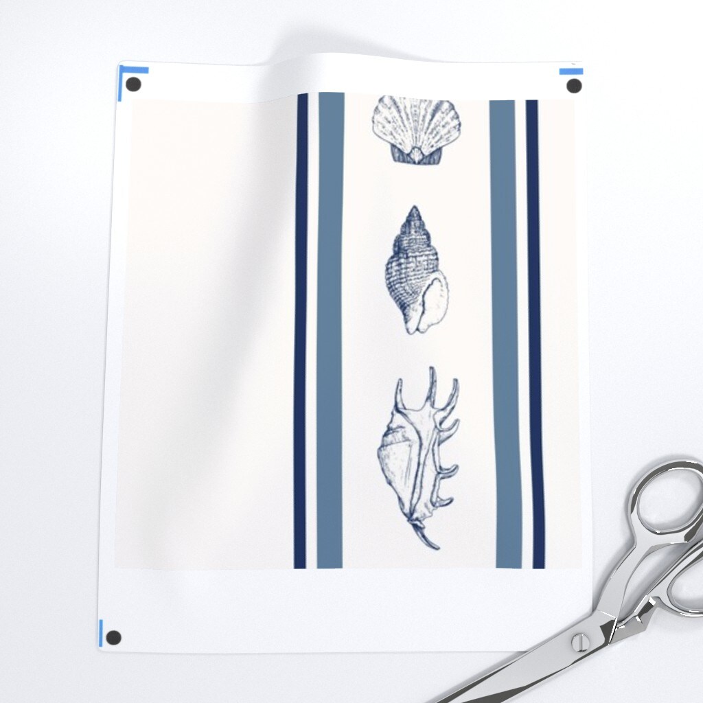 Preppy Coastal Blue Shell Traditional Classic Ticking Stripe Seashells Grandmillennial Custom Printed Fabric by Spoonflower Various Fabrics by the Yard or Fat Quarter