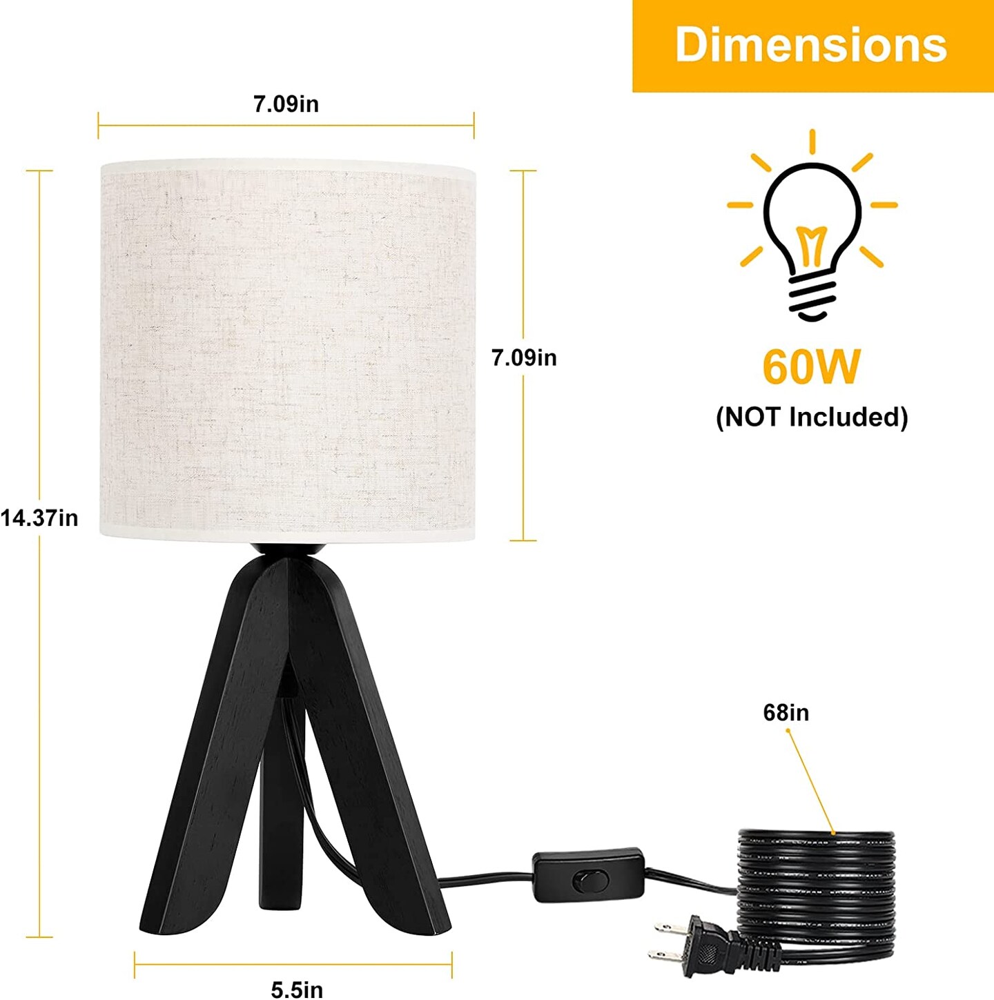Black Wooden Tripod Table Lamp, E26 Linen Fabric Shade Bedside Night Lamp with 68In UL Long Cord & Inline Switch