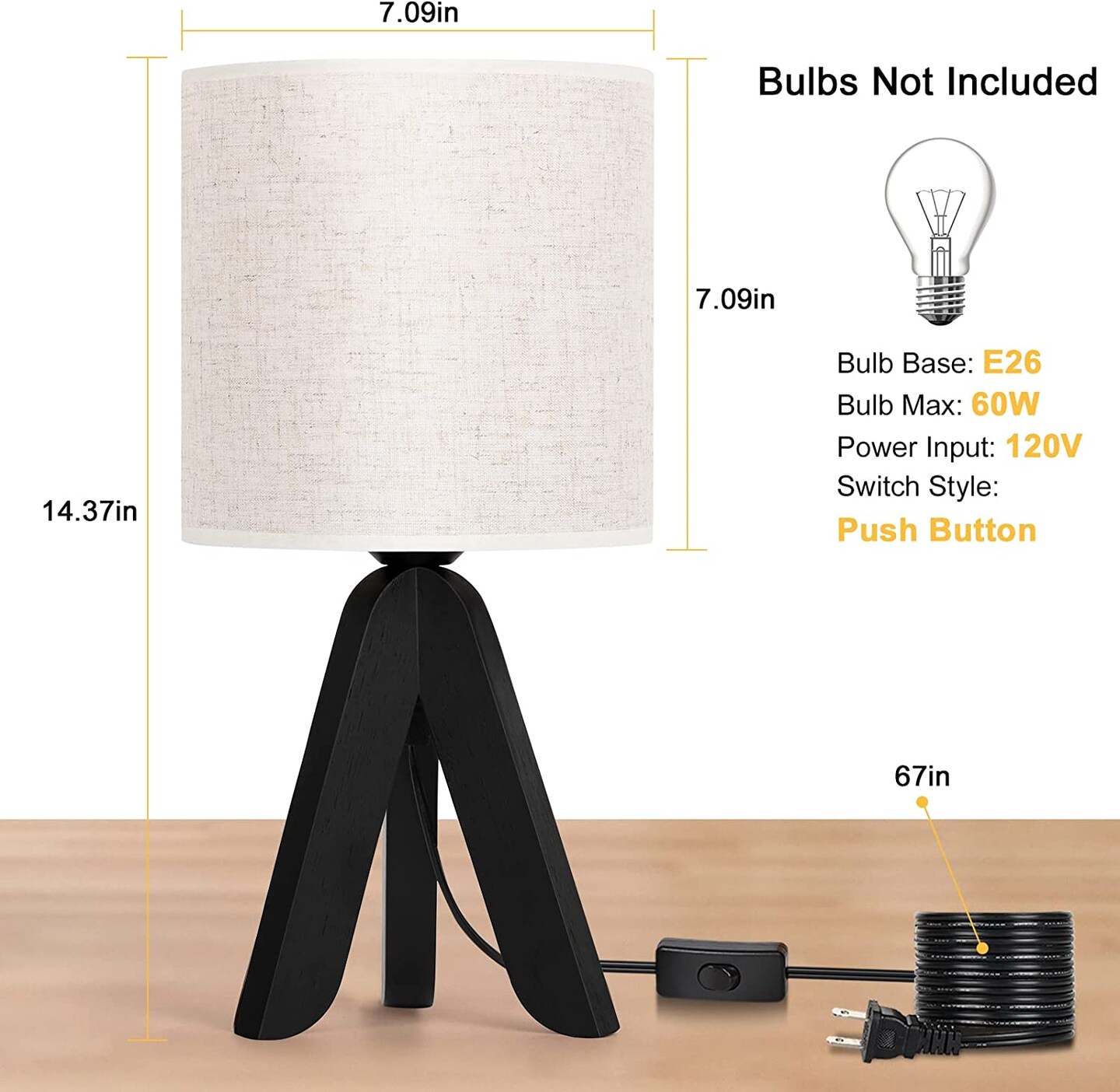 Black Wooden Tripod Table Lamp, Beige Linen Fabric Shade Bedside Night Lamp with 67In Long Cord & Inline Push Switch