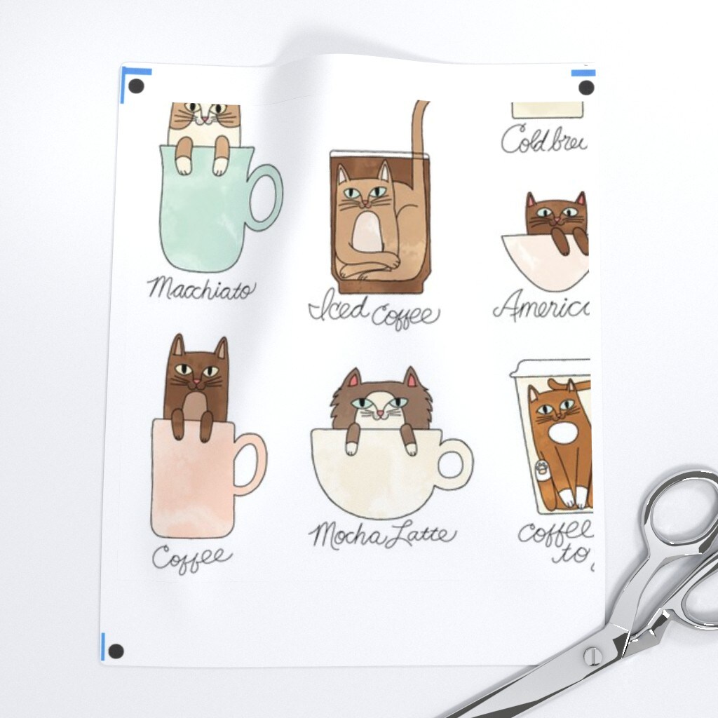 Coffee Cats Pets Funny Watercolor Cat Kitty Latte Espresso Custom Printed Fabric by Spoonflower Various Fabrics by the Yard or Fat Quarter