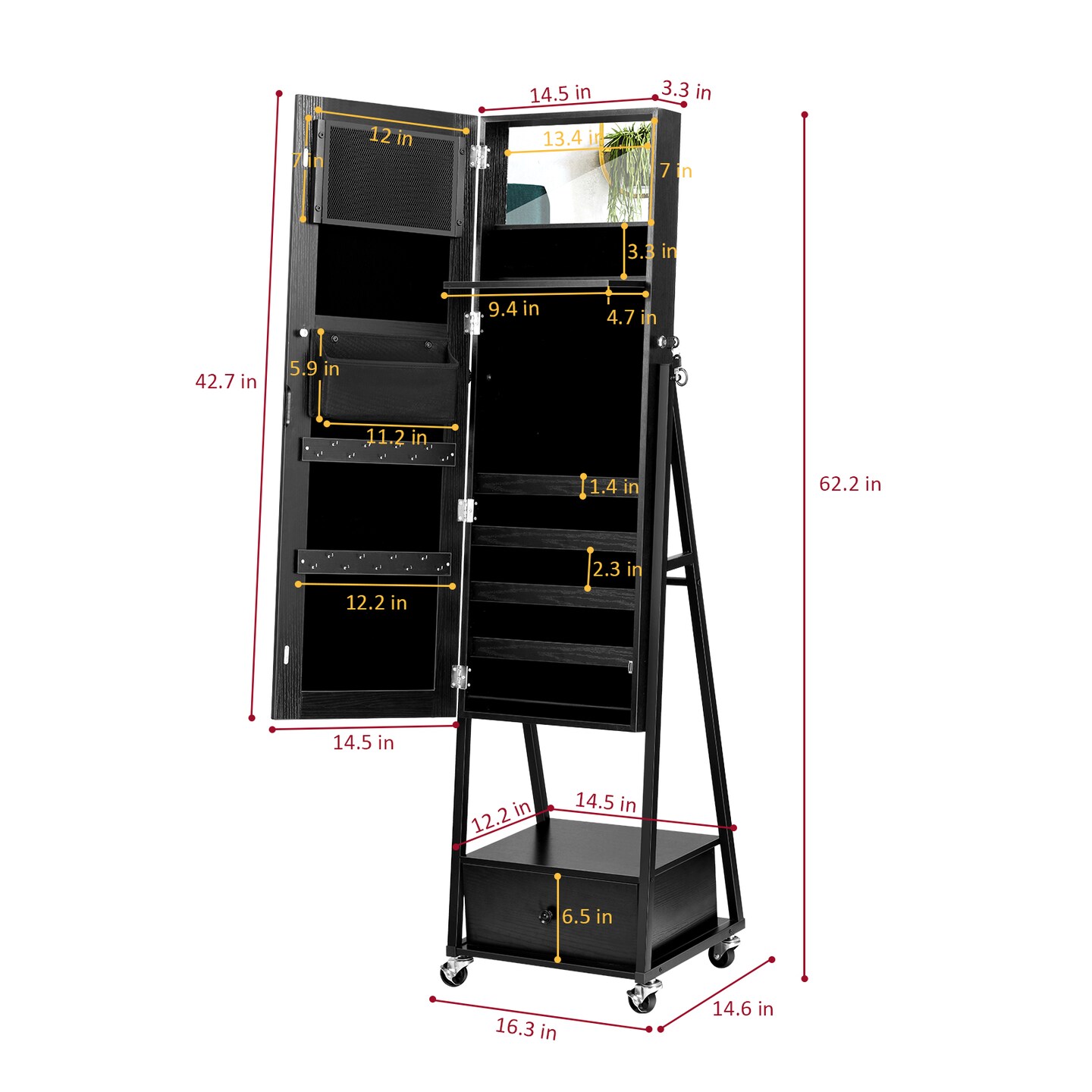 Dark Black Freestanding Lockable Jewelry Mirror Cabinet, Rolling Full Body Vanity Mirror Makeup Organizer Armoire
