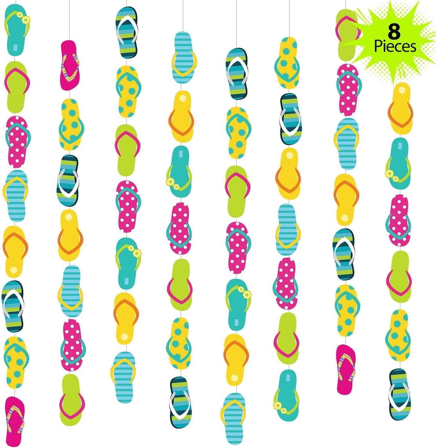 8-Piece Flip Flop Hanging Banner (52 Feet) | Summer Beach Slipper Garland for Hawaiian Luau, Pool Party, Birthday & Baby Shower Decorations