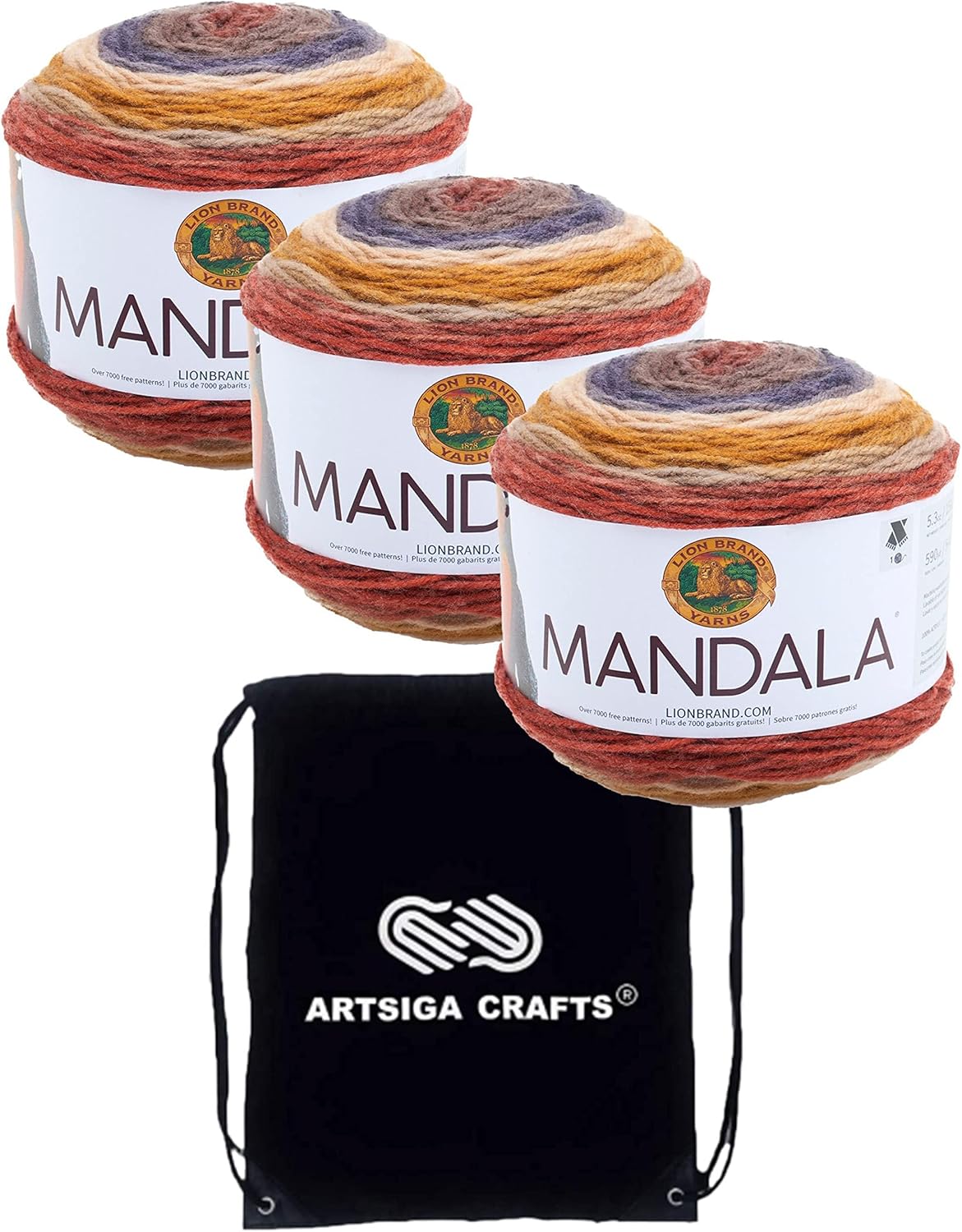 Lion Brand Mandala Centaur Yarn Bundle – 3 Skeins DK Light (#3) 100% Acrylic Yarn for Crochet & Knitting (590 Yards Each) with Drawstring Project Bag