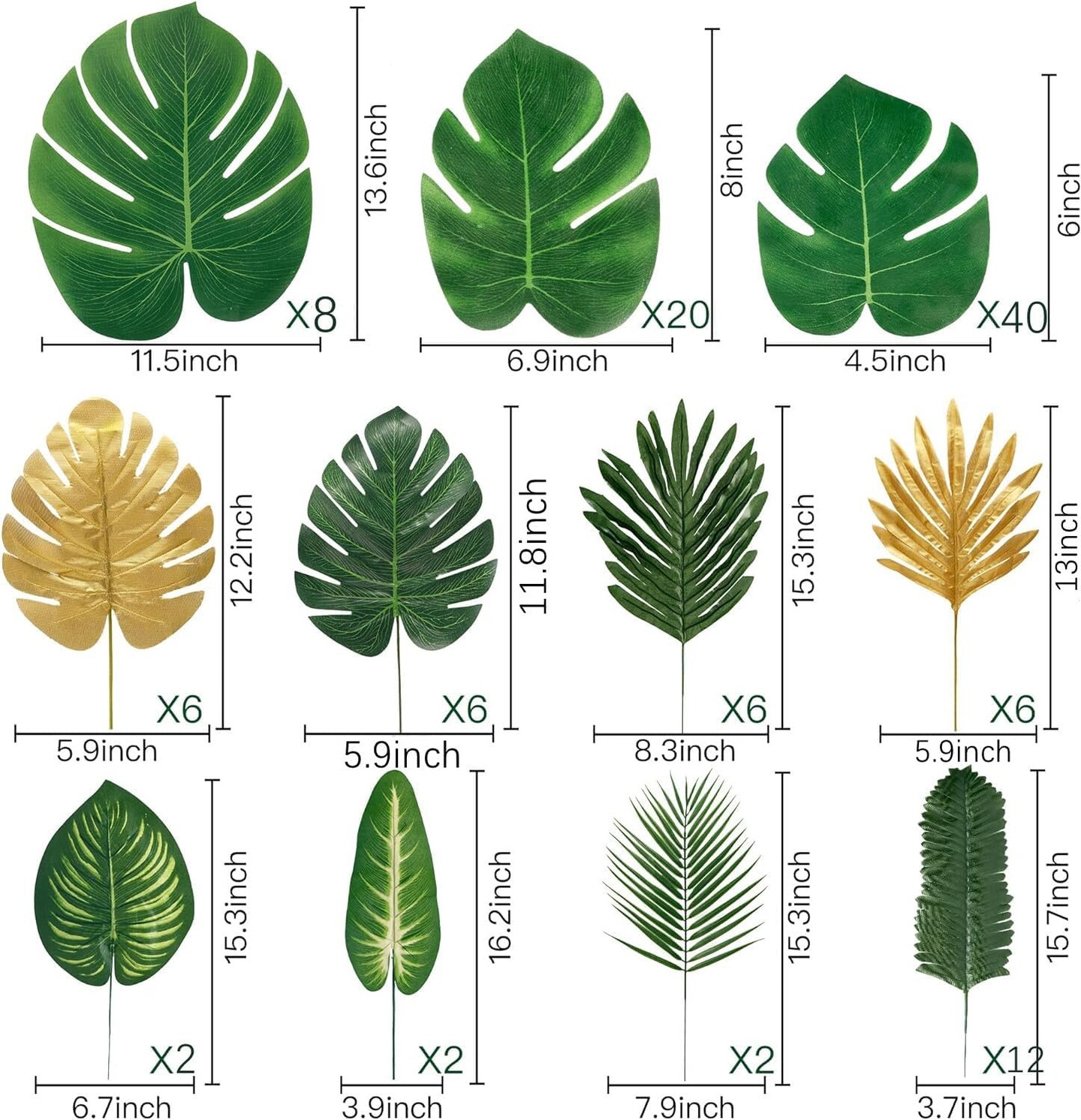 110-Piece Artificial Tropical Palm Leaves – 11 Types of Monstera & Jungle Leaves with Stems for Hawaiian Luau, Safari, Wedding, Birthday, Shower, and Party Decorations