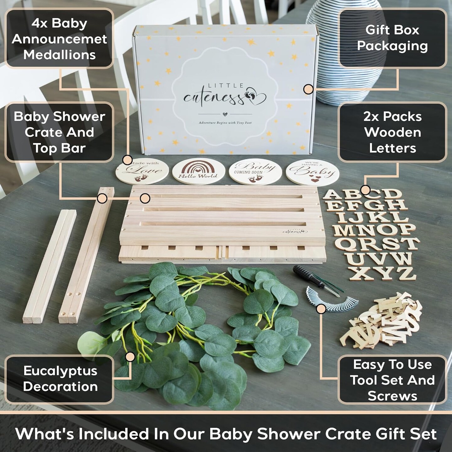 Wooden Baby Shower Crate Closet - Customizable Wooden Crate Box with Dual Rod System, Personalized Baby Shower Basket Alphabet Letters, Easy Assembly Baby Baskets for Baby Shower
