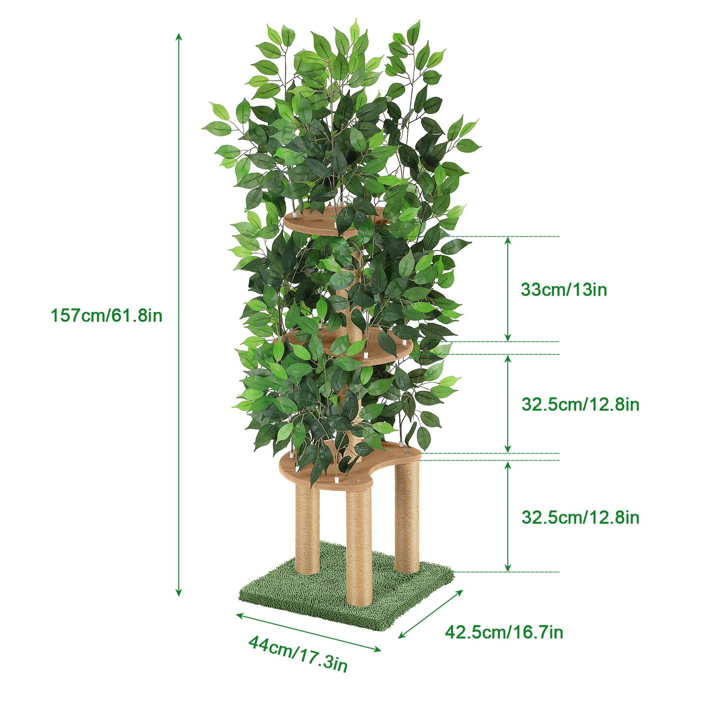 Stable Anti-Tip Indoor Cat Tree Tower, Artificial Foliage Multi-Layer Sisal Cat Scratching Stand with Rest Platforms