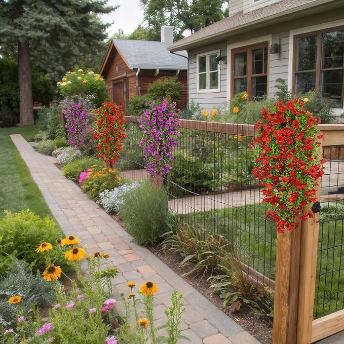 4 Pcs Artificial Hanging Flowers for Outdoors Spring Summer Faux Silk Daisy Flowers UV Resistant Realistic Fake Hanging Plants for Outside Home Indoor Planter Porch Garden Yard Decor Red