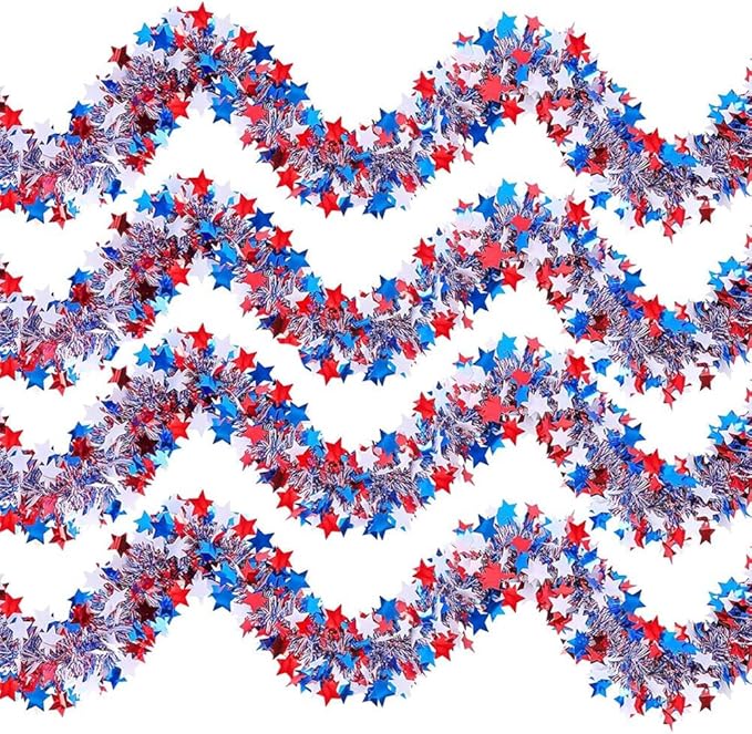 65 Feet 4th of July Garland Memorial Day USA Patriotic Red White Blue Independence Day Tinsel Metallic Tree Car Golf Cart Parade Float Decor Trailer Bike Outdoor Summer Glitter Star Garlands