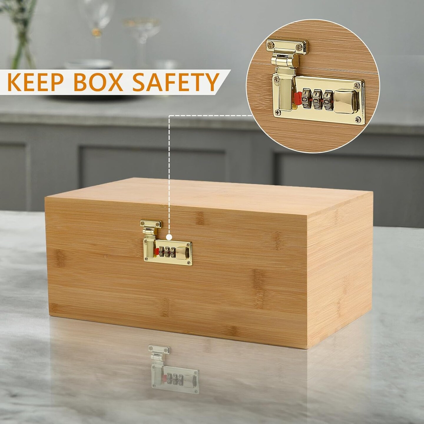 Bamboo Storage Box, 13.8&#x22; x 8&#x22; x 6&#x22; Extra Large Wooden Storgae Organizer with Combination Lock, Versatile Storage Contaniers with Adjustable Compartments for Home Office Jewelry Keepsakes