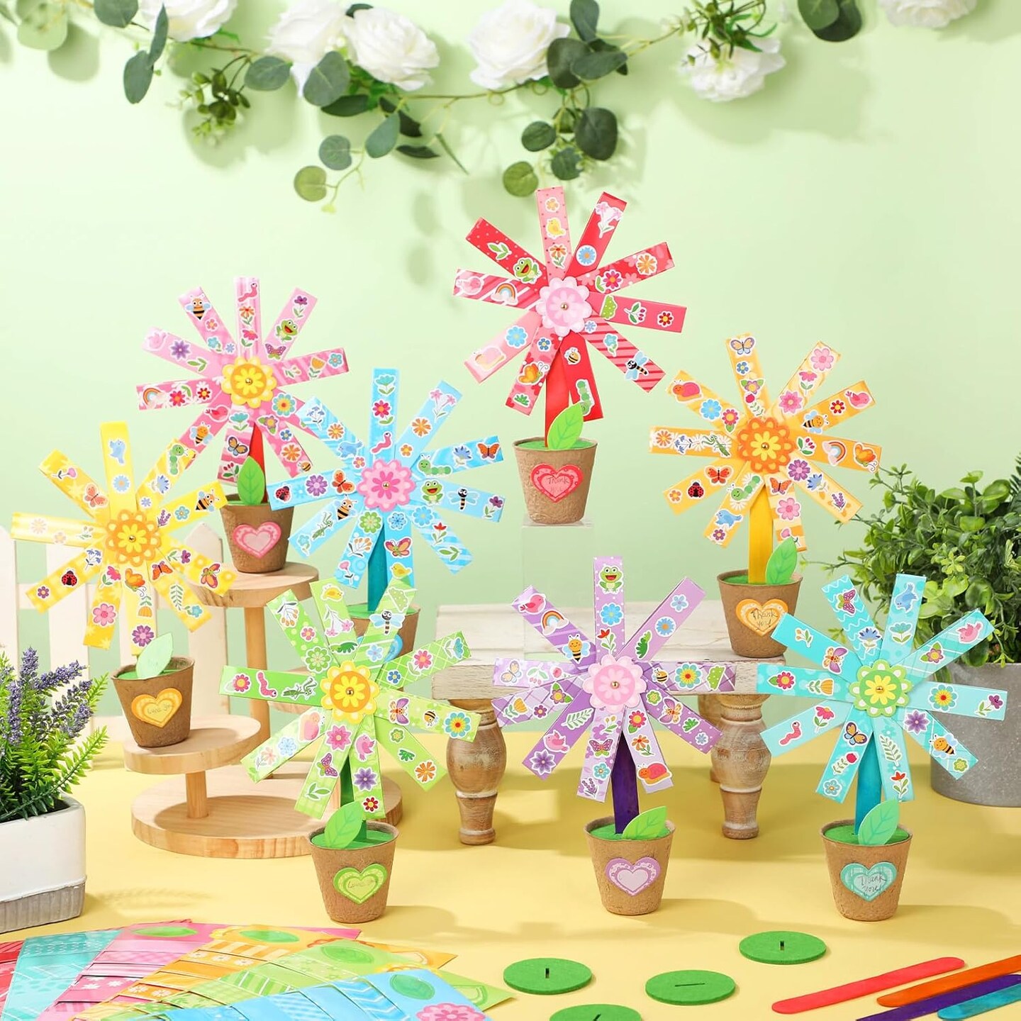 48 Pack Mother's Day Flower Pot Paper Craft Kits Spring Make Your Own Flowers Craft Sticker DIY Thanks