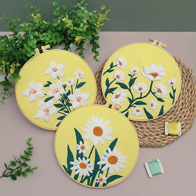 3 Sets Floral Embroidery Kits for Beginners – Cross Stitch & Needlepoint DIY Starter Kit for Adults – Includes Hoops, Threads & Step-by-Step Instructions