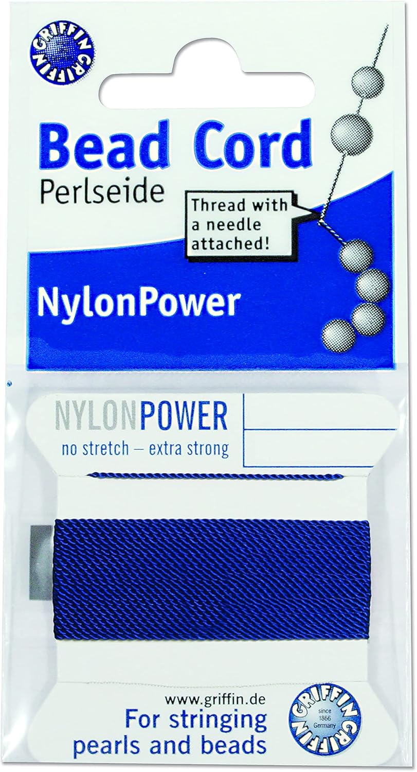 Griffin Nylon Bead Cord Perlseide – Size 12 (0.98mm) – 2 Meters per Card – Stainless Steel Needle Attached – for Knotting Pearls, Gemstones, Crystals and Beads
