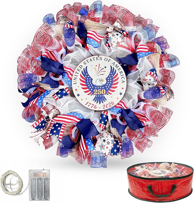24" Patriotic 250th Anniversary Wreath with Removable 1776-2026 Sign - Large Handcrafted 4th of July Wreath with LED Lights and Storage Bag - Premium Americana Front Door Decor