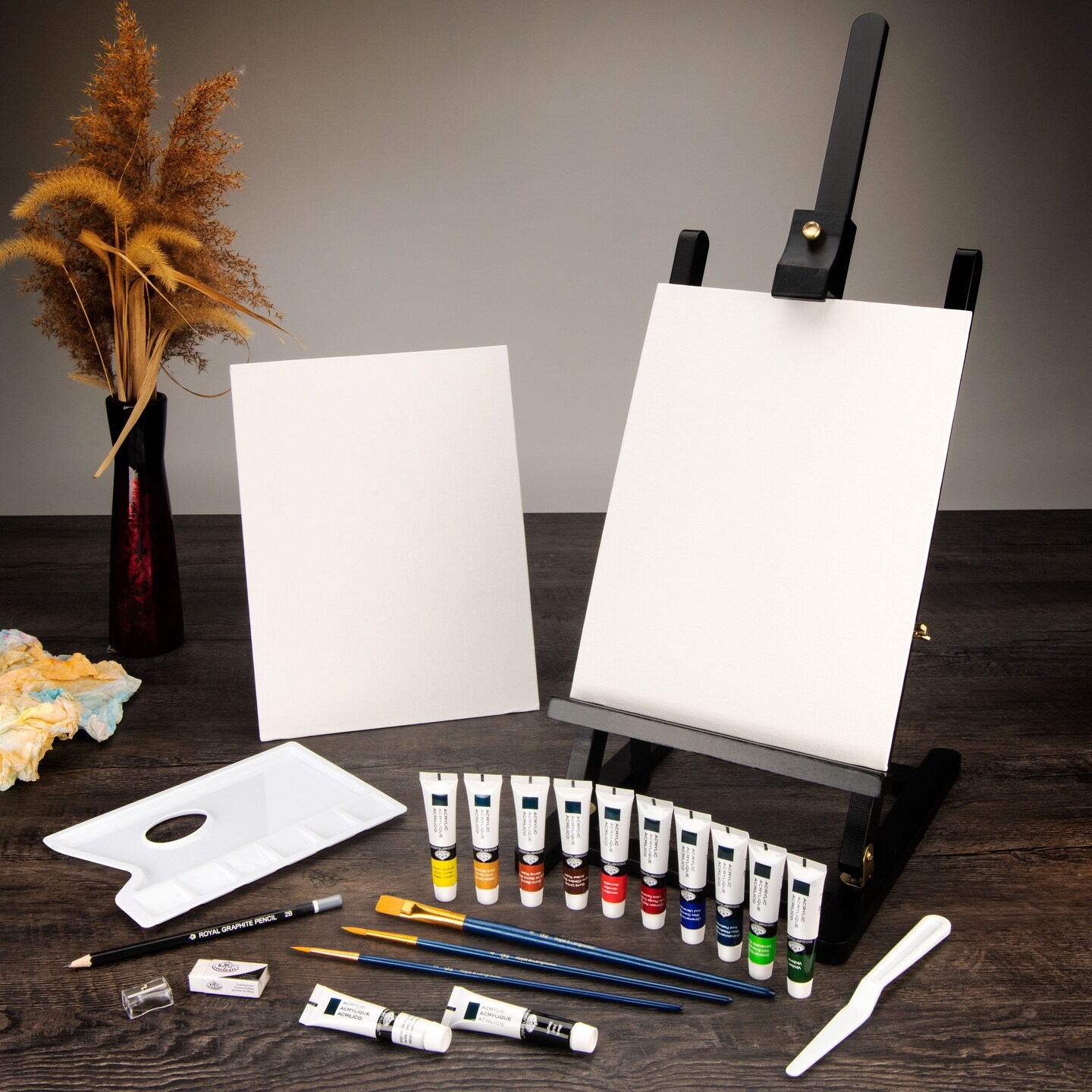 REA5744 | essentials™ 23pc Black Series Acrylic Paint H-Frame Easel Art Set