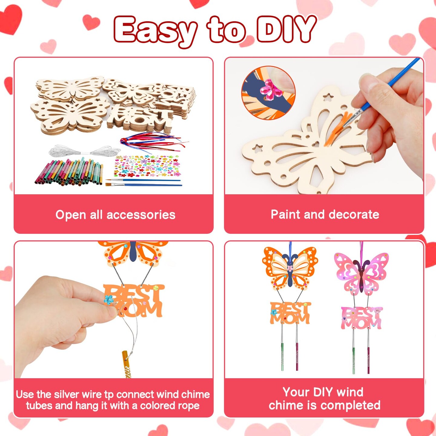 12 Pack Butterfly MOM Wind Chime Kit for Kids Make You Own Mother's Day Craft Kit DIY Coloring Wooden Art and Craft for Mom's Birthday Decoration from Son Daughter