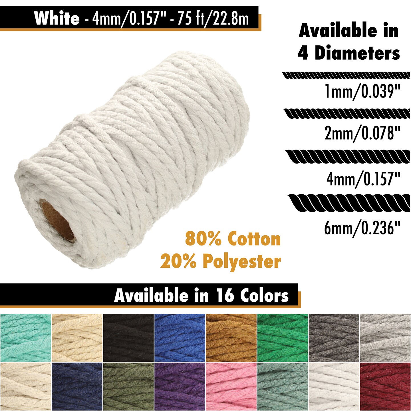White Lion Macramé Cord – Cotton Rich Macrame Rope, 4 mm, 75 Feet, Yarn for Wall Decor, Crochet, Gift Wrapping, Wall Hanging, Plant Hangers, Handmade Crafts, Knitting