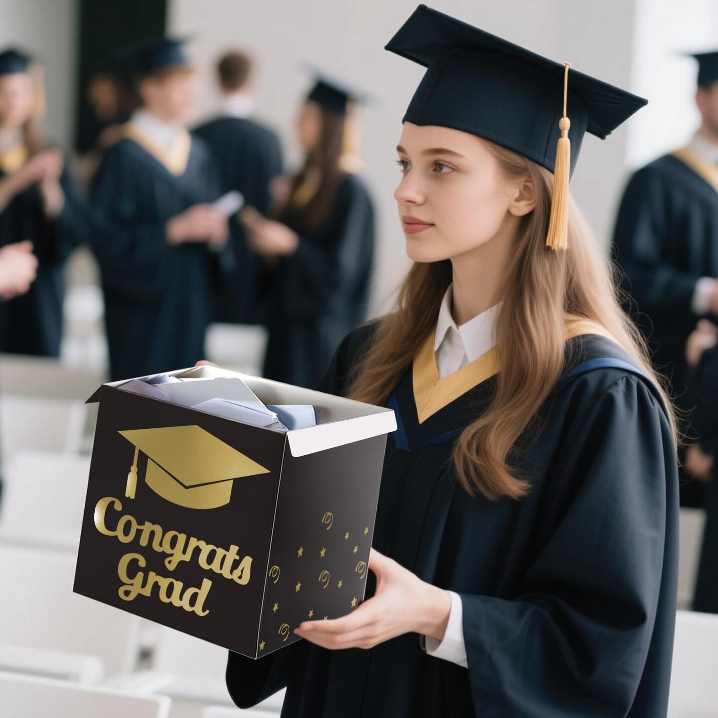 Graduation Card Box Holder, Congrats Grad Foldable Cardboard Decorations Box for Graduation Party Decoration and Grad Parties (Black)