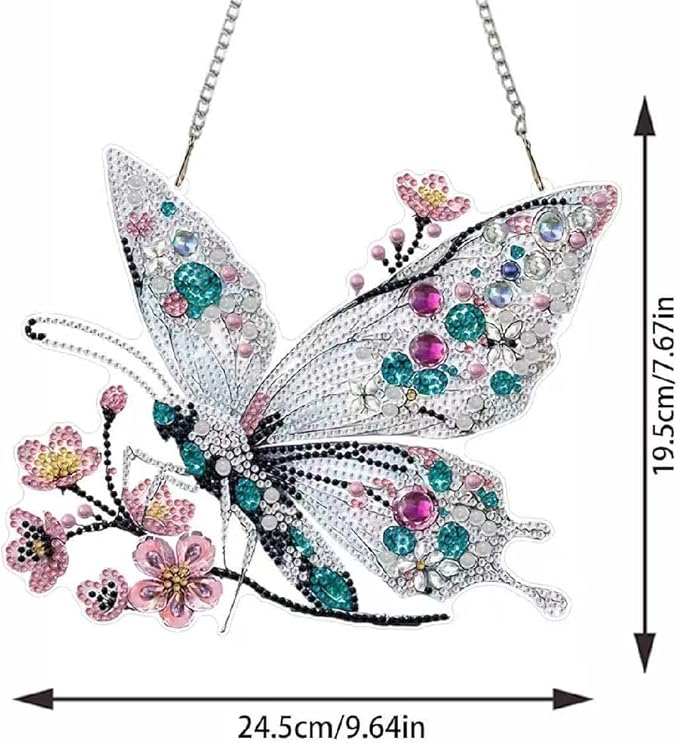 Hanging Diamond Art Kits for Adults Pendant Butterfly, Special Shaped Crystal DIY Diamond Painting Kit, Acrylic Board Flower Pendants Double Sided, Home Decor 9.64 Inch
