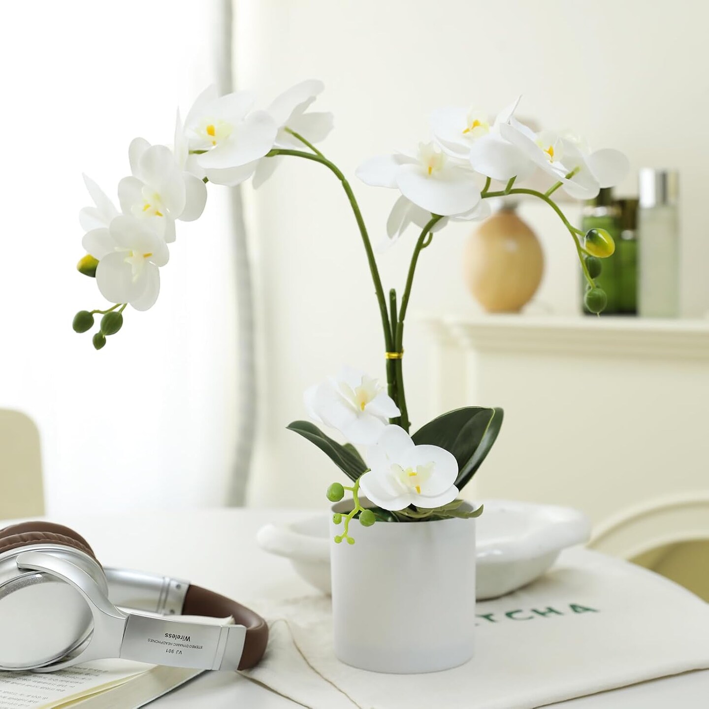 Fake Orchid Butterfly Orchid Bonsai 15 Inch White Artificial Flowers Realistic Plastic Flower Fake Flowers for Home Table and Cabinet Decoration Party and Wedding Decor Flowers Artificial Orchid