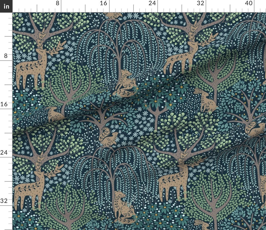 Blue Woodland Botanical Green Trees Deer Rabbit Fox Squirrel Flora Fauna Nature Wildlife Custom Printed Fabric by Spoonflower Various Fabrics by the Yard or Fat Quarter