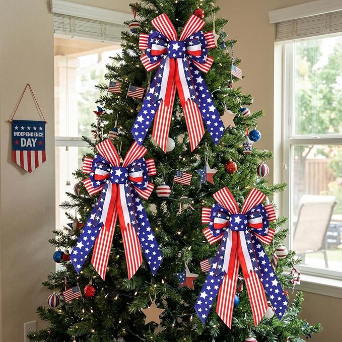 Large Patriotic American Flag Bow for Wreaths - 4th of July Stars and Stripes Wired Edge Ribbon - Red White and Blue USA Decorative Bow for Memorial Day, Veterans Day, & Front Door Decor