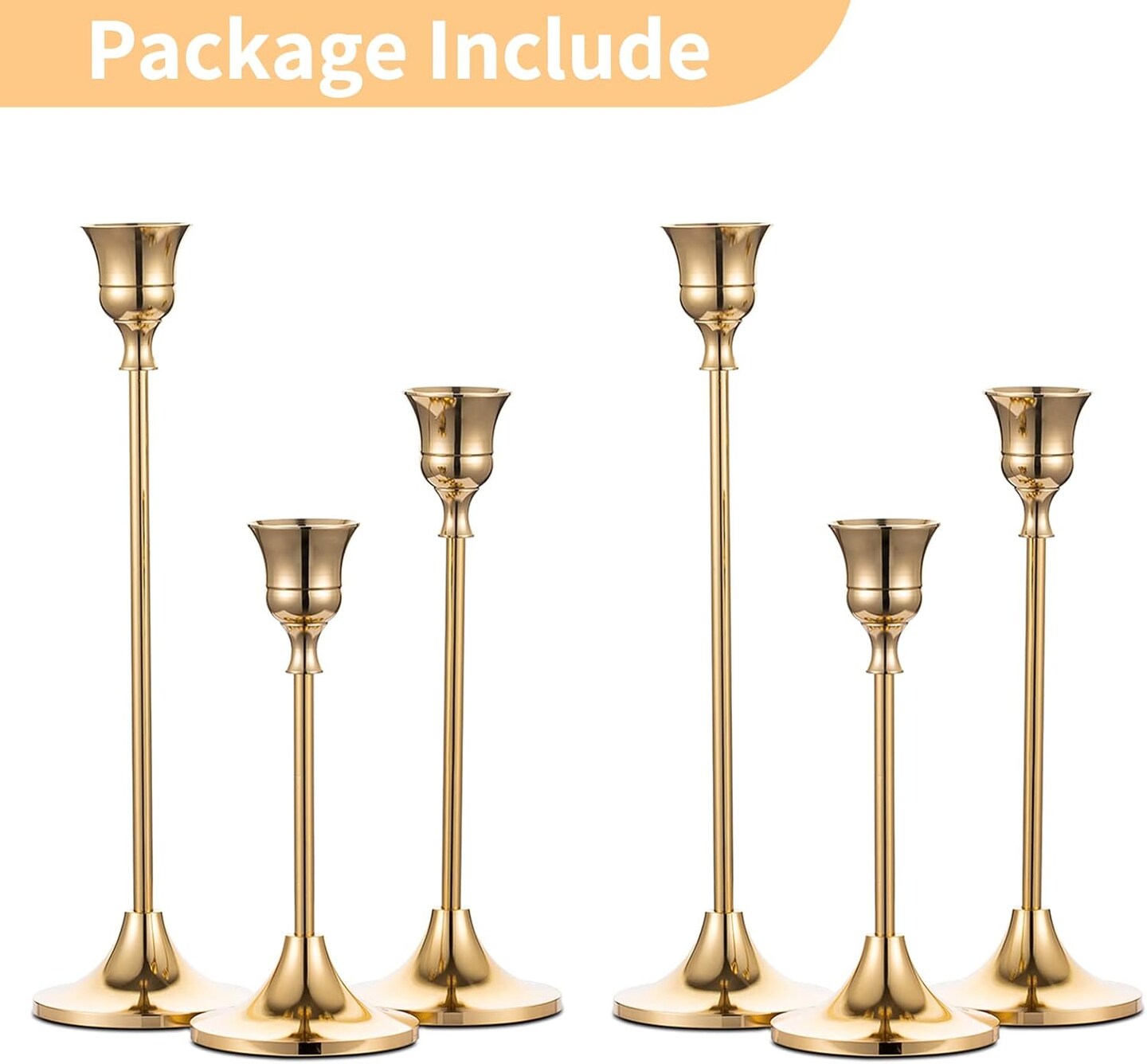 Gold Taper Candle Holders Set of 6 Brass Metal Candlestick Centerpiece Decor