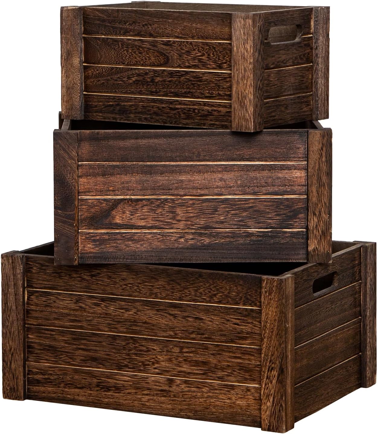 Large Vintage Brown Wooden Storage Crates – Nesting Handmade Solid Wood Boxes for Organization & Home Storage
