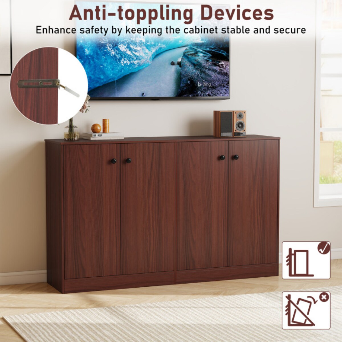 Black Brown Storage Cabinet with Doors 3 Tier Shelves Sideboard Organizer 28.5 Inch