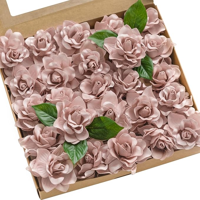 Flowers 25pcs Fake Gardenia Dusty Pink Rose Flowers Artificial Flowers with Stem, Fake Flower for DIY Wedding Decorations Centerpieces Bouquets Boutonnieres