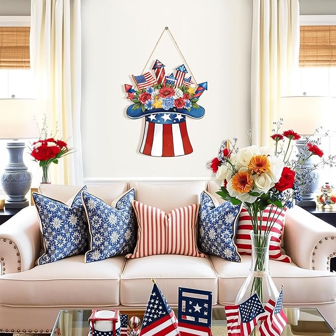 Wooden 4th of July Door Wreath, Patriotic Star Welcome Sign for Front Door, Independence Day & Memorial Day Hanging Decoration for Home Indoor Outdoor Wall Decor