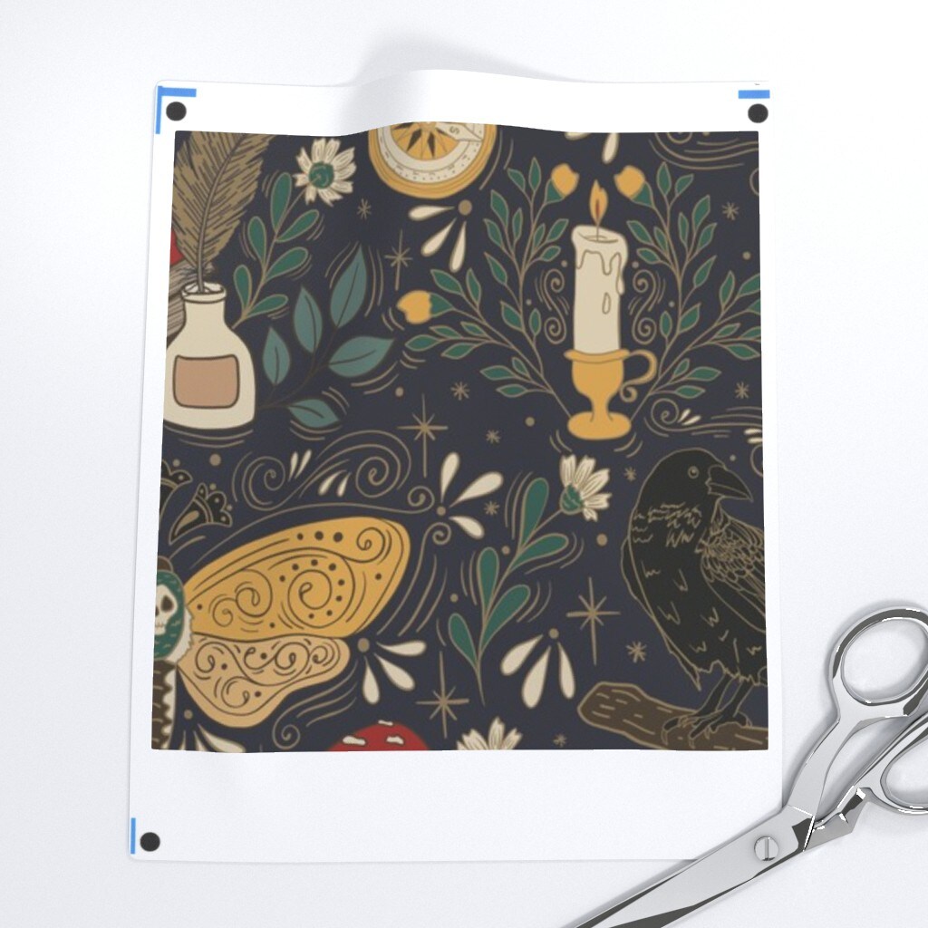 Dark Academia Moth Raven mushrooms Feather Candle Moody Typewriter Goth Gothcore Red Yellow Black Teal Navy Custom Printed Fabric by Spoonflower Various Fabrics by the Yard or Fat Quarter