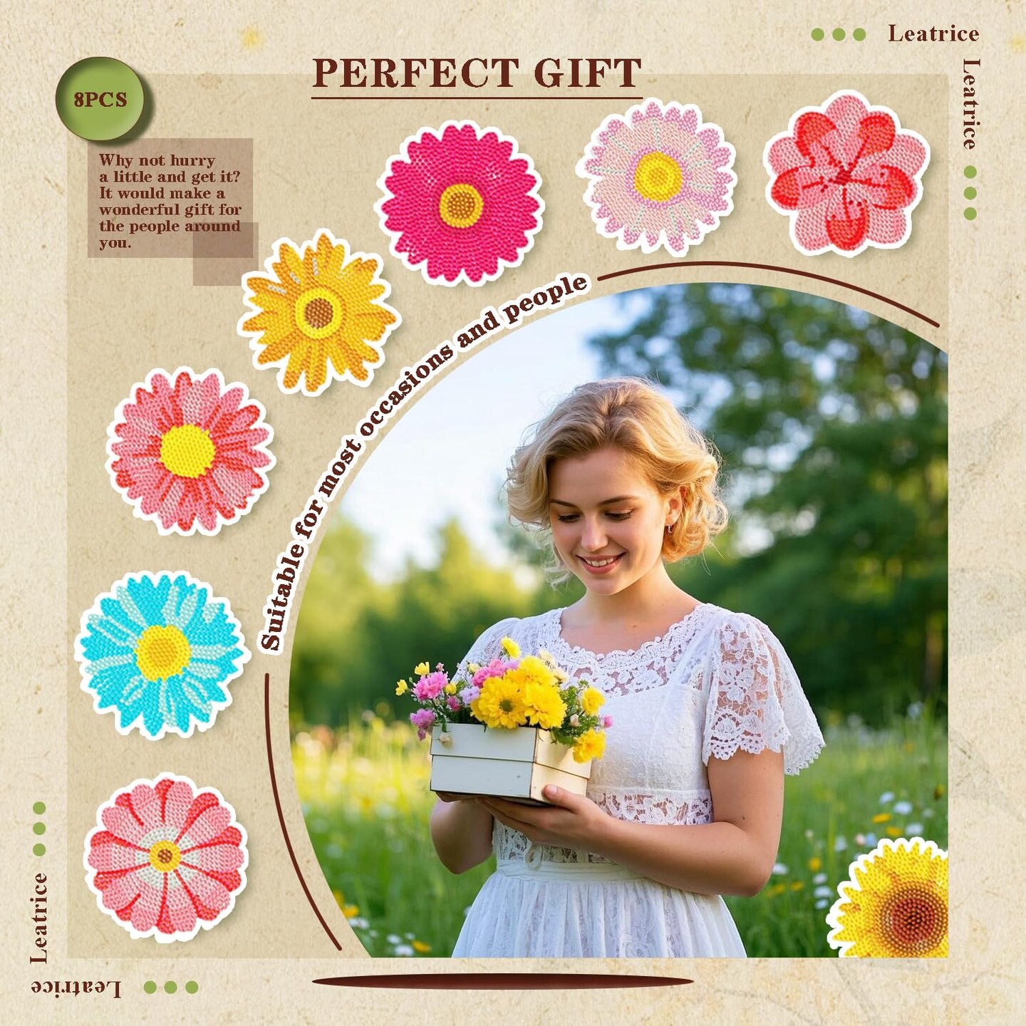 8PCS Flower Diamond Art Coasters – Small DIY Diamond Painting Kits for Adults, Beginners & Women, with Holder, Gems, and Fun Home Decor