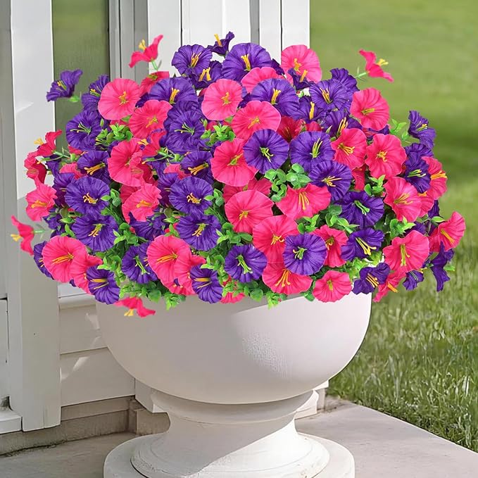 Artificial Purple Petunias Flowers for Outdoors Decoration 9 Bundles Faux Colorful Silk Morning Glory Eucalyptus Plants UV Resistant Fake Greenery Plants for Outside Garden Porch Decor