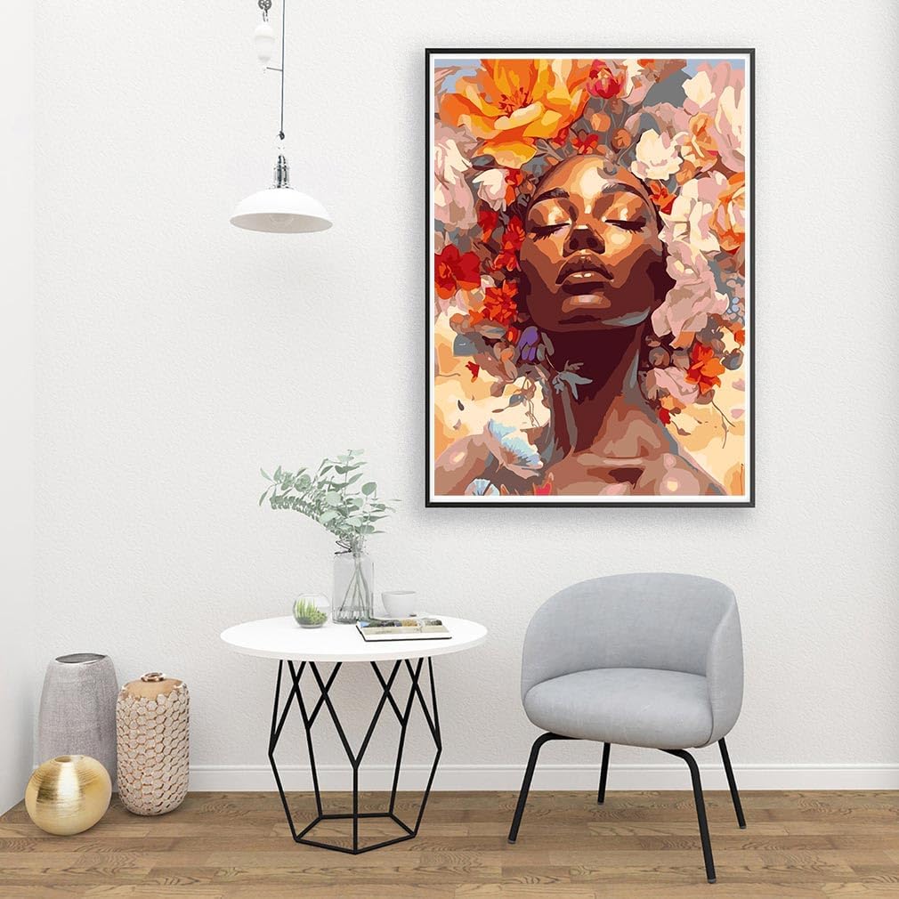 Paint By Numbers African Woman Kit for Adults Beginners – 16x20 Inch DIY Canvas Painting Set, Floral Girl Acrylic Paint by Numbers Kit for Home Wall Decor & Gift (Without Frame)