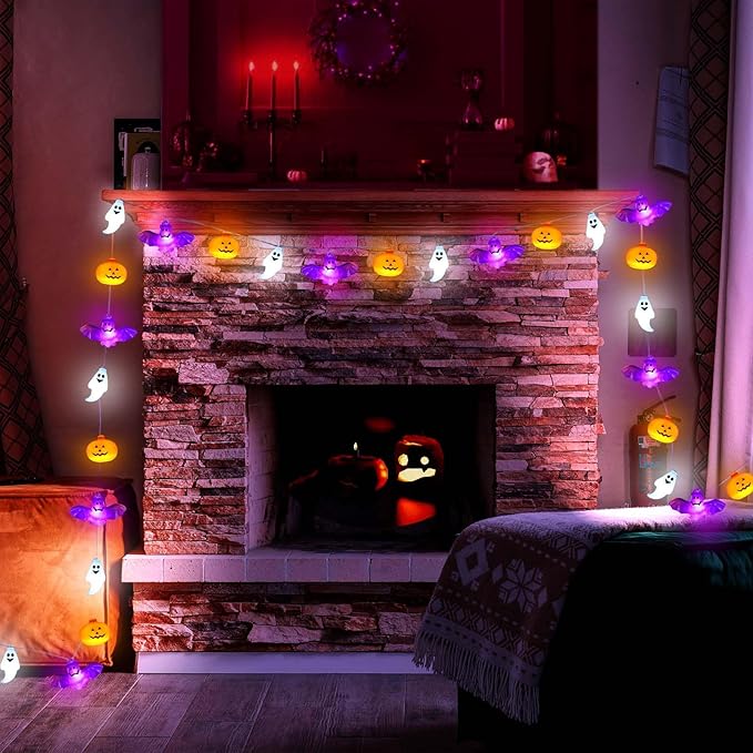 Halloween String Lights, 16.4FT 30 LED Pumpkin Bat Ghost Battery Operated Orange and Purple Lights Strobe 8 Lighting Modes Timer Fairy Indoor Outdoor Window Front Porch Decor Party Decorations