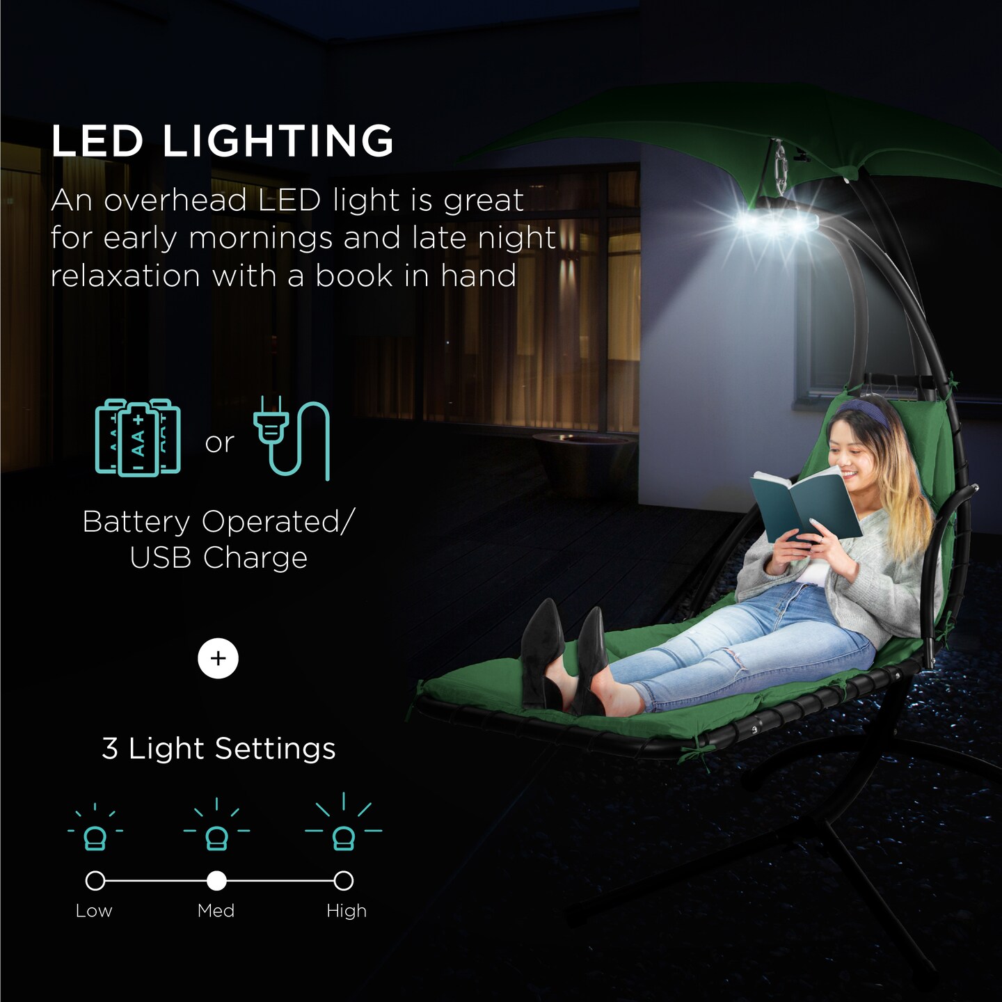 Best Choice Products Hanging LED-Lit Curved Chaise Lounge Chair for Backyard, Patio w/ Pillow, Canopy, Stand