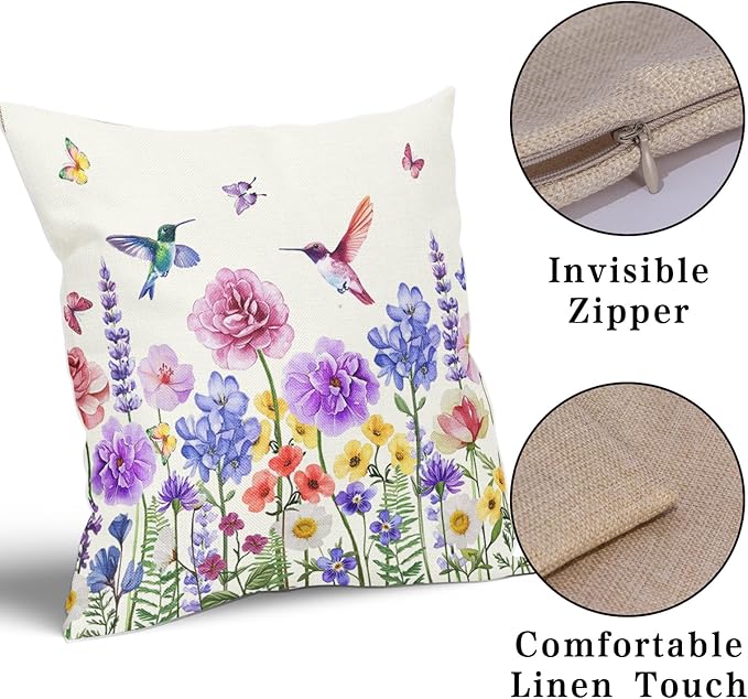 Hummingbird Flower Pillow Covers 18"x18" Spring Herb Floral Cotton Linen Throw Pillowcases Set of 2 Watercolor Wildflowers Butterfly Cuchion Covers Sofa Couch Patio Seasonal Decor