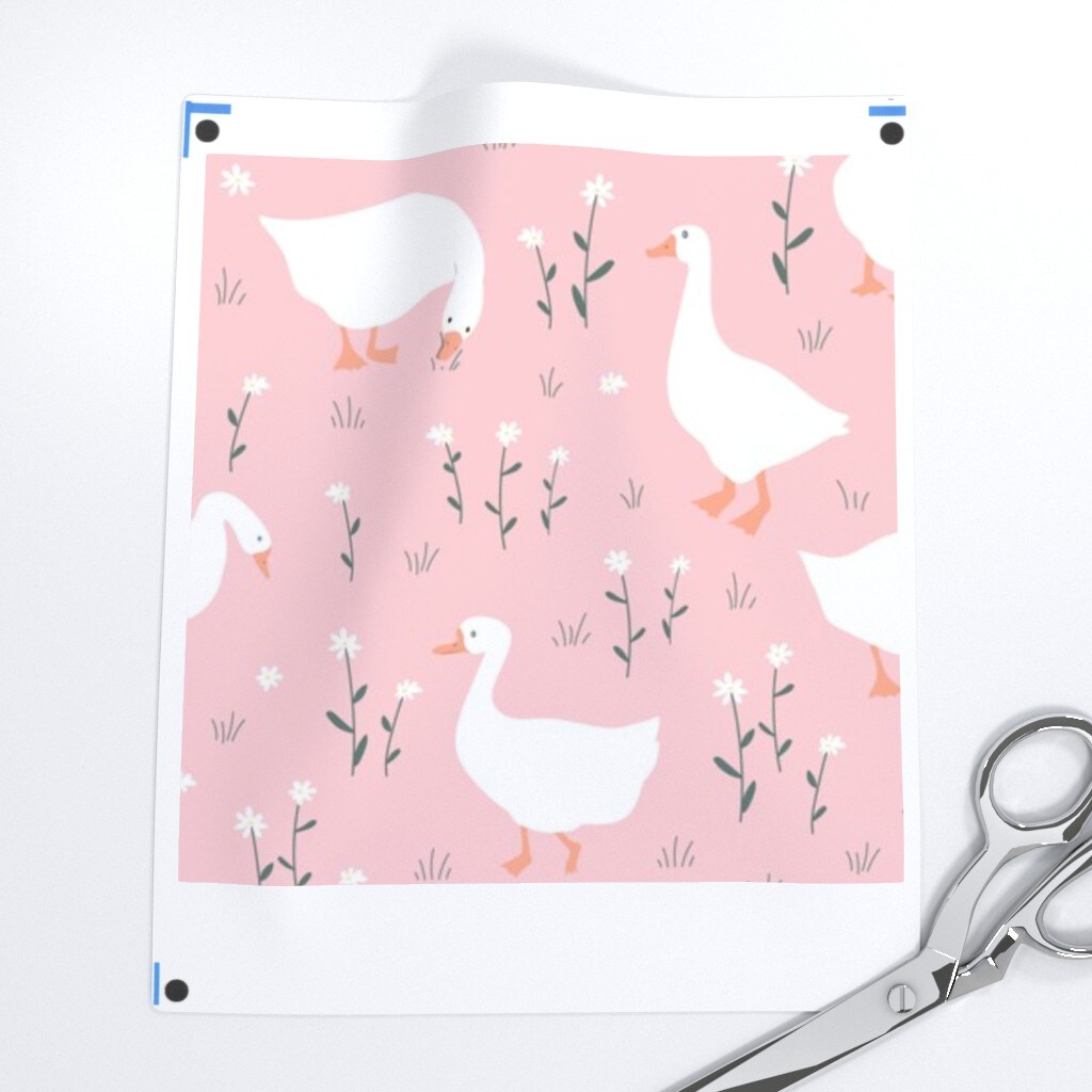 Geese On Pink Whimsical Goose Cute Spring Meadow White Orange Wildflower Custom Printed Fabric by Spoonflower Various Fabrics by the Yard or Fat Quarter