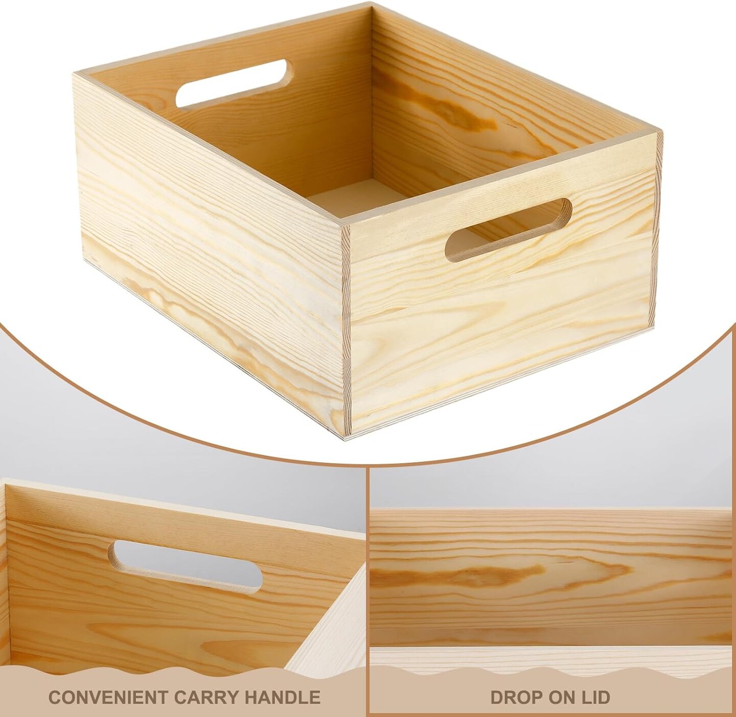 Large Wooden Box with Hand Holes, 15 x 12 x 7 Inches Unfinished Pine Wood Box for DIY Craft Arts Hobbies and Home Storage